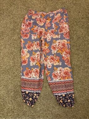 Angie Lavender Floral Elastic-Waist Track Pants with Coral Roses